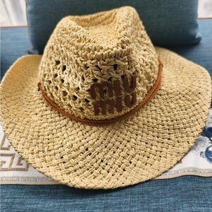 Miu Miu Beige Straw Hat Wide Brim Resort Style